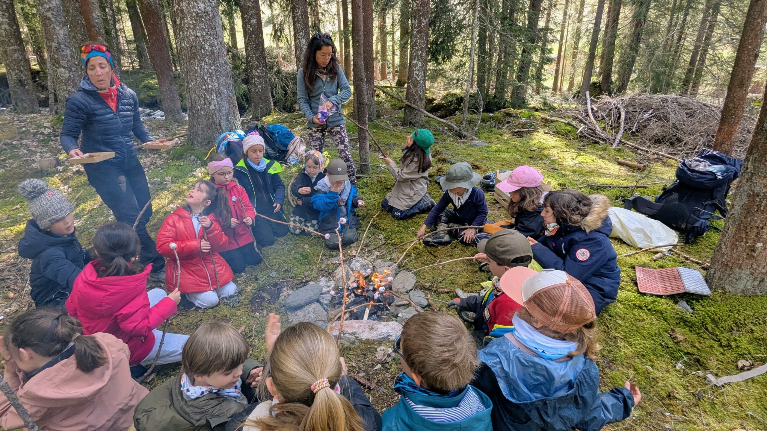 Les enfants autour des chamallows grillés en forêt